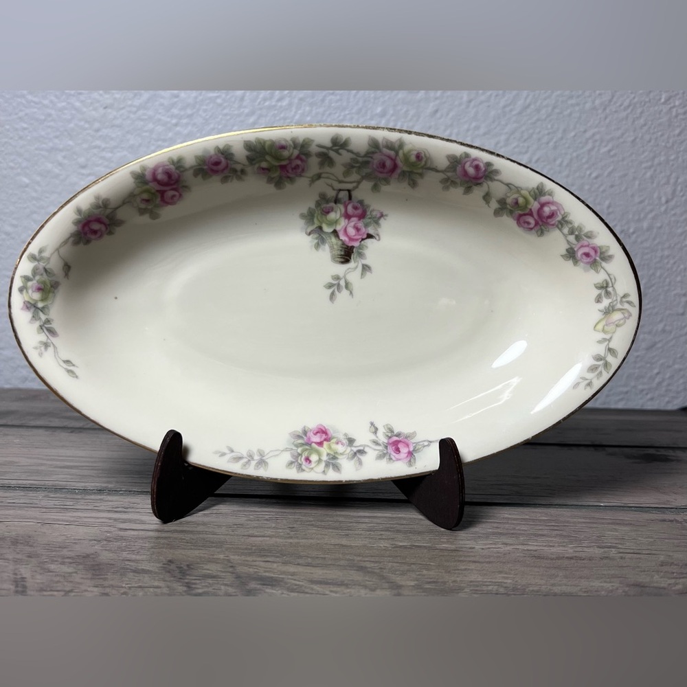 Antique‎ Heinrich & Co. H&C Selb Bavaria 8.5" Oval Bowl Pink Rose w/Gold Trim